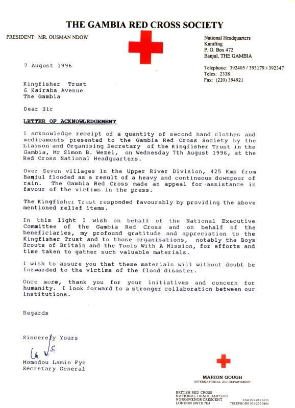 The Gambia Red Cross Society Letter of Acknowledgement
