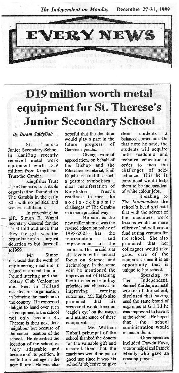 19 million Dalsis worth metal equipment fo St.Therese's Junior Secondary School