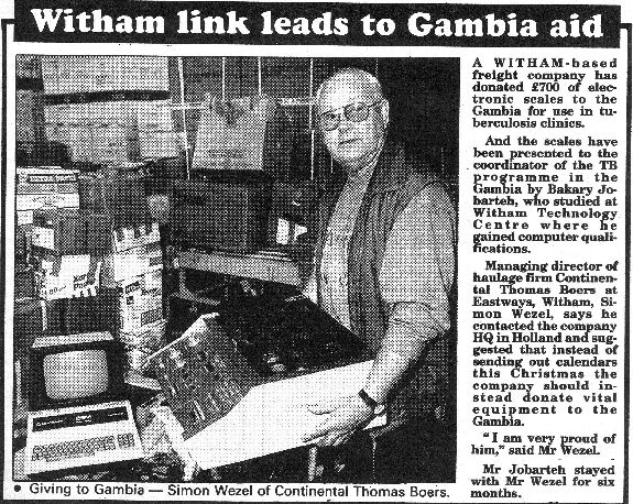 A WITHAM-based freight company has donated £700 of electronic scales to the Gambia for use in tuberculosis clinics.